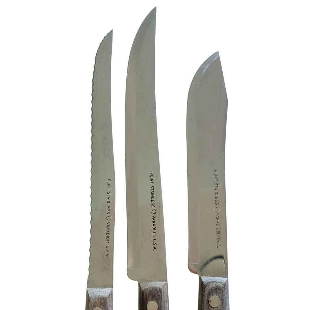 Vtg Flint Stainless Vanadium USA Lot Of 3 Bread - Fillet - Butcher Knives
